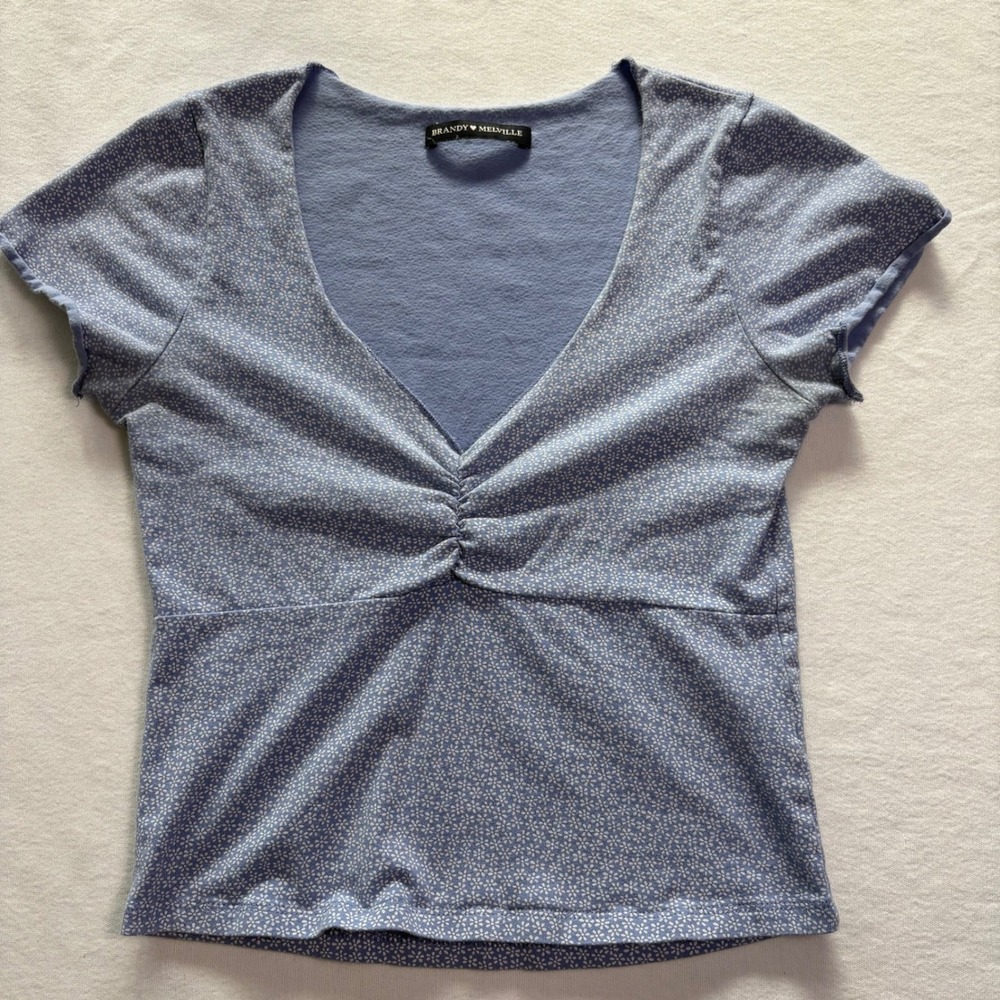 Brandy Melville, Floral V-Neck Ruched Top, Blue, One Size